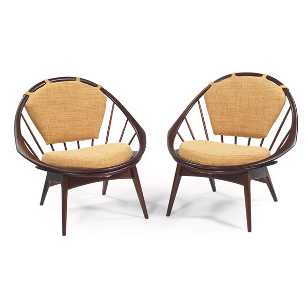 Ib Kofod-Larsen lounge chairs, pair, by Selig, pl: Ib Kofod-Larsen lounge chairs, pair, by Selig, stained plywood frames with rounded shape and spindle backs, replaced woven silk upholstery, refinished, unsigned, 33.5"w x 28"d x 32"h, excellent condit