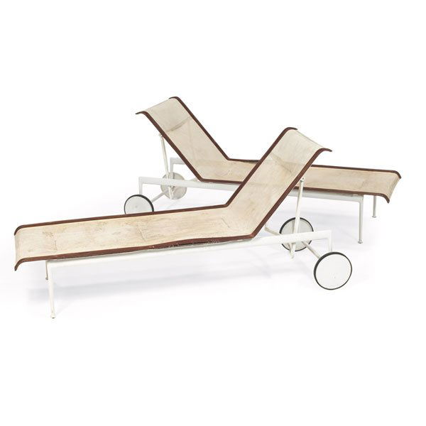 Richard Schultz Leisure Line chaise lounge, two,: Richard Schultz Leisure Line chaise lounge, two, by Knoll, white coated aluminum frame on two wheels supports brown and white mesh seat, adjustable back, 25.5"w x 74"d x 26.5"h, wear and staining to m