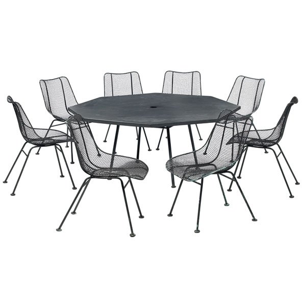 Russel Woodard outdoor dining set, table and 8 ch: Russel Woodard outdoor dining set, table and 8 chairs, 1950s, octagonal faux slate top with hole at center for umbrella over a painted metal base, 8 wire mesh chairs, table: 59.5"dia x 26"h, chairs: 1