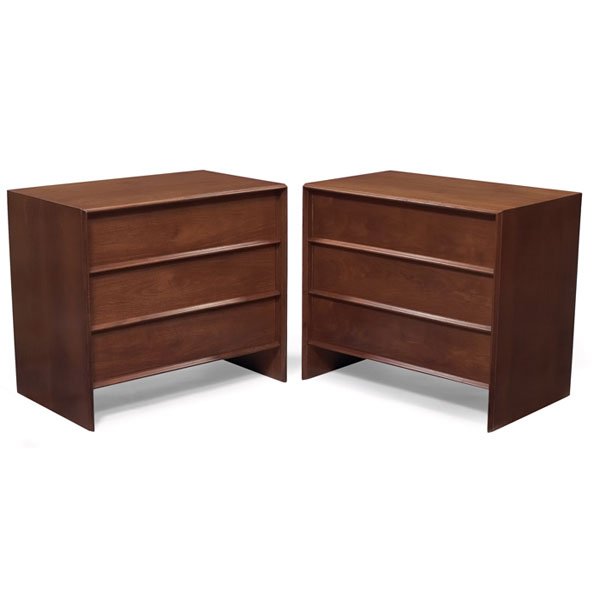 T. H. Robsjohn-Gibbings cabinets, pair, by Widdic: T. H. Robsjohn-Gibbings cabinets, pair, by Widdicomb, mahogany, "Sherry" finish, each with three drawers, slab sides, original finish, each signed with cloth Gibbings/Widdicomb label, 34.5"w x 21.5"d 