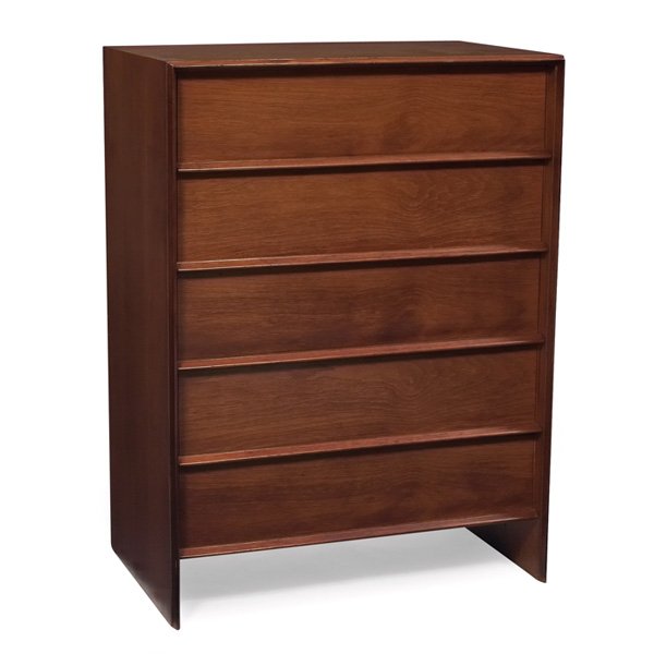 T. H. Robsjohn-Gibbings dresser, mahogany: T. H. Robsjohn-Gibbings dresser, mahogany, "Sherry" finish, five drawers, by Widdicomb, original finish, signed with partial cloth label, 34.5"w x 21.5"d x 48.5"h, very good original condition