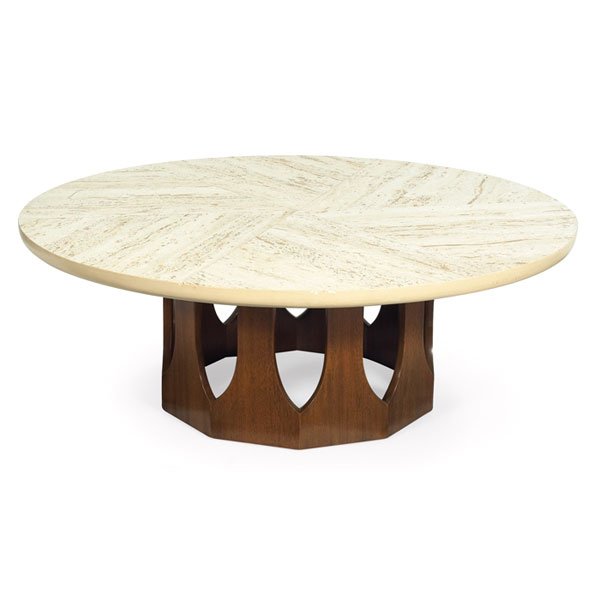 Harvey Probber coffee table, travertine veneer, m: Harvey Probber coffee table, attribution, round top composed of travertine veneer set in pie-shaped wedges over a plaster structure, mahogany base with arched detail, original finish, unsigned, 42"dia