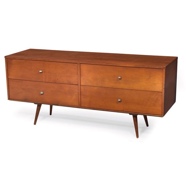 Paul McCobb Planner Group cabinet and bench by Wi: Paul McCobb Planner Group cabinet and bench by Winchendon, four-drawer cabinet, original aluminum ring pulls, bench with four tapered legs, original finish, 60"w x 19"d x 26"h, light wear to finish, v