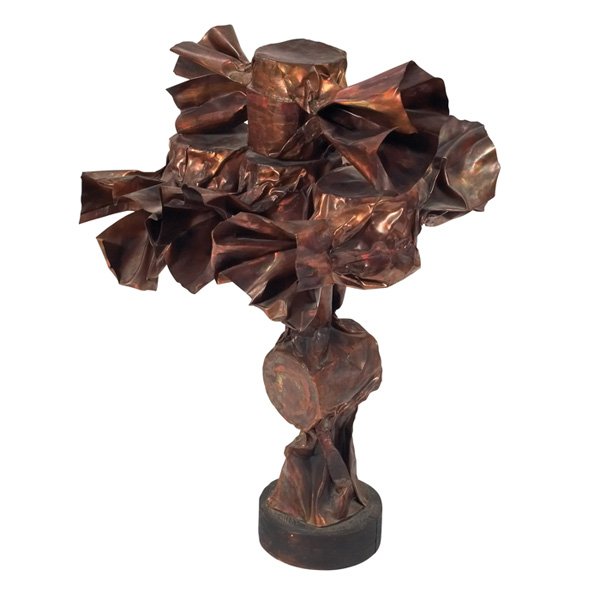 Midcentury sculpture, artist unknown, metal, copp: Midcentury sculpture, artist unknown, folded metal form with copper finish, appears as candy wrappers, original finish, unsigned, 23"w x 23"d x 40.5"h, very good original condition