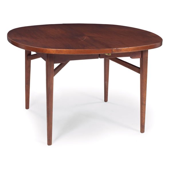 Jens Risom dining table, by Jens Risom Designs, I: Jens Risom dining table, by Jens Risom Designs, Inc., walnut, square top with rounded corners, exposed stretchers, one 15.75" leaf, 48"sq x 29.5"h, very good original condition
