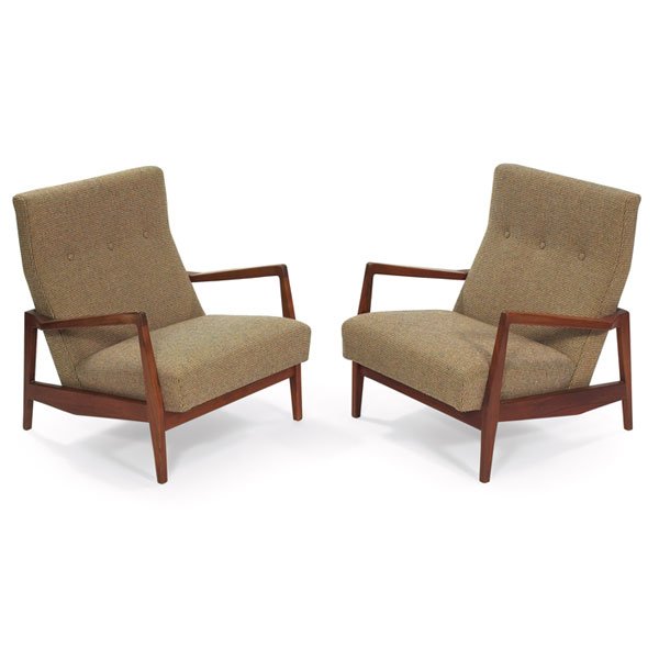 Jens Risom lounge chairs, pair, walnut