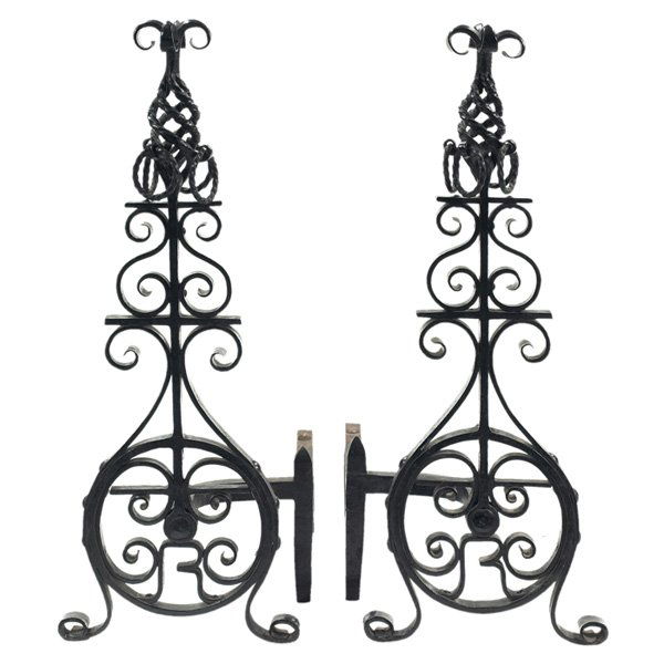 Roycroft andirons, #068, 1901: Good Roycroft andirons, #068, 1901, twisted and curled wrought iron with the Roycroft "R" incorporated in the design, each: 13"w x 21"d x 30.5"h, very good condition