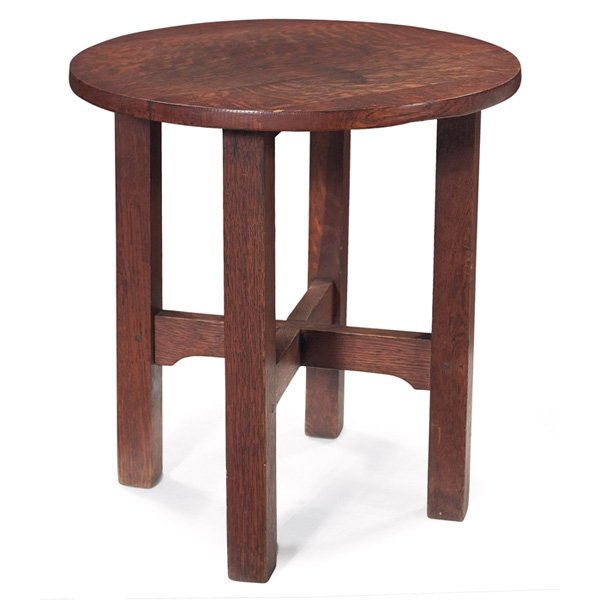 Gustav Stickley tabouret, #602: Gustav Stickley tabouret, #602, circular top above a notched cross-stretcher base, top refinished, original finish to base, signed with red decal, 18"dia x 19"h, very good condition