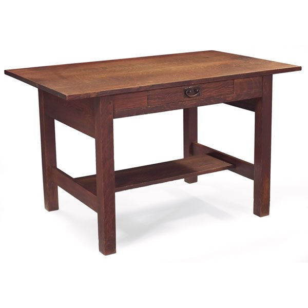 Gustav Stickley library table, #650: Gustav Stickley library table, #650, single drawer with original copper hardware above a lower stretcher, original finish, signed with red decal, stain to top, some roughness to feet, 48"w x 30"d x 29