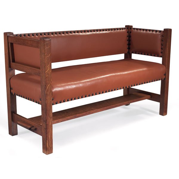 Early Gustav Stickley hall bench, #172: Early Gustav Stickley hall bench, #172, recovered leather seat and back above a lower stretcher with thru-tenon construction, refinished, unsigned, 57"w x 21"d x 32"h, very good condition