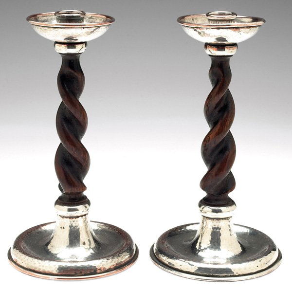 AE Jones Arts & Crafts candlesticks, pair, attribut: AE Jones Arts & Crafts candlesticks, pair, attribution, English, c. 1920, silver plate and wood with spiral design, unmarked, 5"w x 9"h