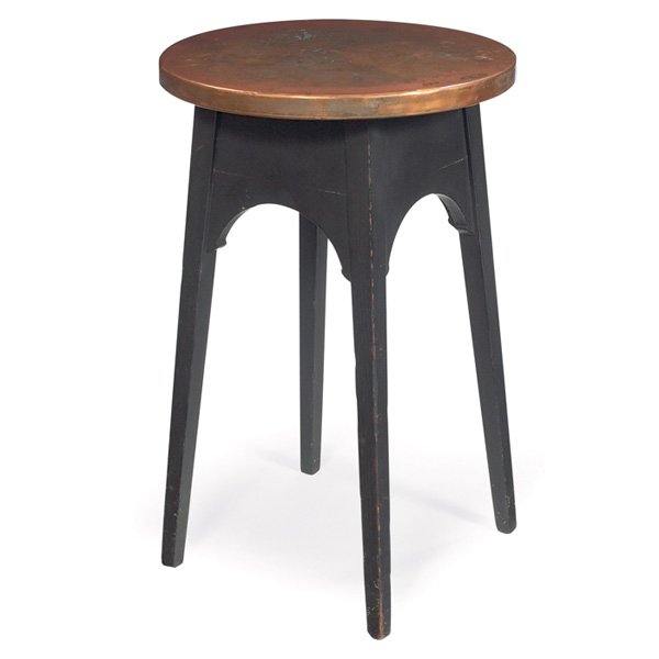 Stickley Brothers drink table, #2615: Stickley Brothers drink table, #2615, circular copper top above a wide notched arched apron on a tapered leg, some cleaning to original copper top, black painted finish, unsigned, 18"dia x 28"h, very 