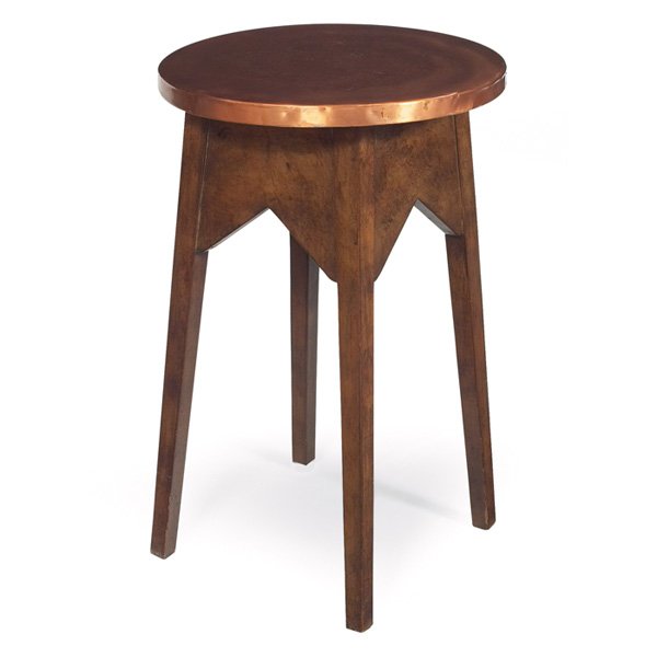 Arts & Crafts drink table similar to Stickley Broth: Arts & Crafts drink table similar to Stickley Brothers #2615, in maple, circular copper top above a wide inverted "V" apron on a tapered leg, refinished, cleaned patina to copper, 18"dia x 28"h, very 