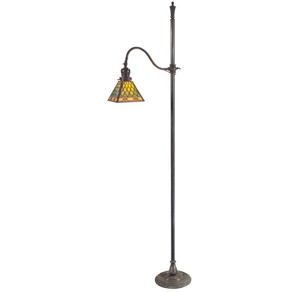 Handel floor lamp: Handel floor lamp, adjustable arm holds a pyramidal slag glass shade with metal overlay design, shade signed, 16"w x 61"h, shade: 6"w x 6"d x 5"h, very good condition
