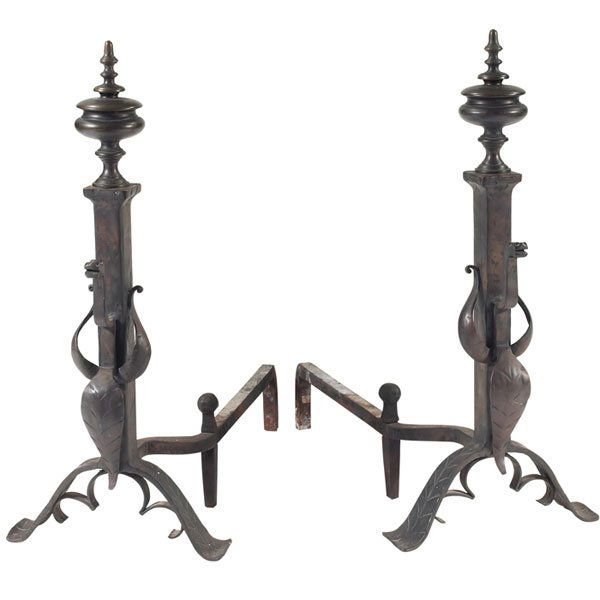 Arts & Crafts andirons: Arts & Crafts andirons, in the manner of Samuel Yellin, wrought iron with serpent motif, 12.5"w x 26"d x 28"h, very good condition