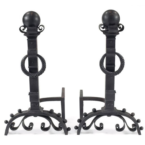 Arts & Crafts andirons: Arts & Crafts andirons, in twisted and curled wrought iron with ball motif at top, 16"w x 25"d x 28.5"h, very good condition