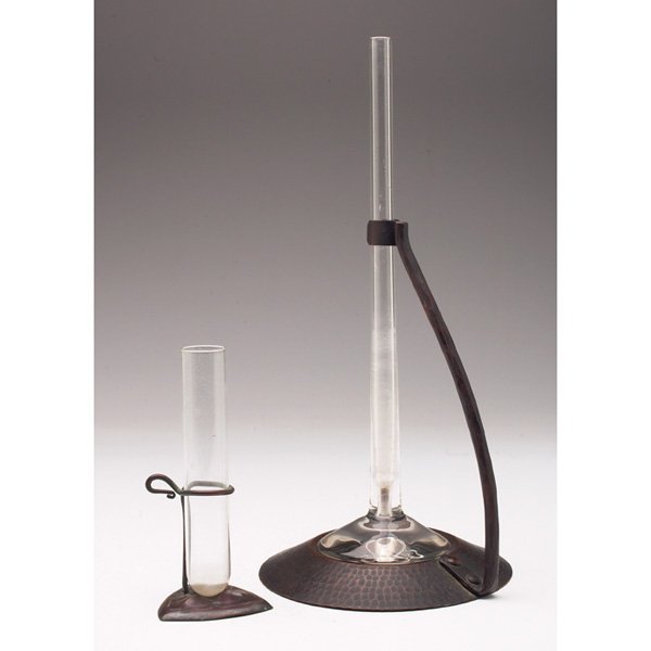 Roycroft bud vases, hammered copper: Roycroft bud vases, two, both in hammered copper, both with original patina?, one with visible mark, largest is: 6.5"w x 12.5"h