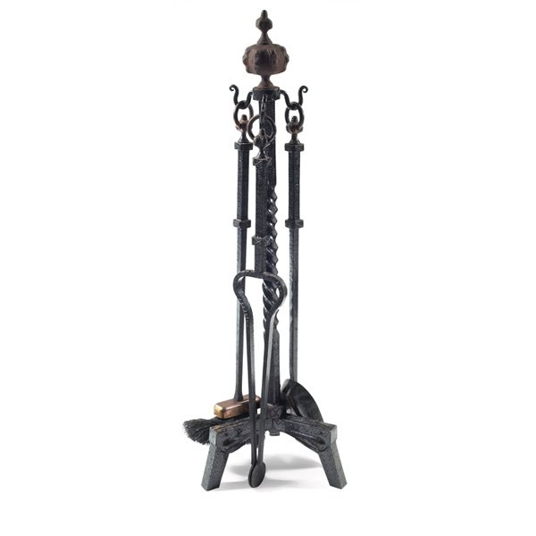 Arts & Crafts fire tools, Samuel Yellin, wrought i: Arts & Crafts fire tools, in the manner of Samuel Yellin, in wrought iron with tongs, shovel and brush on a twisted stand, 10.5"w x 34.5"h, very good condition