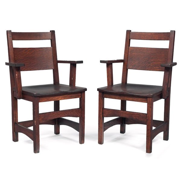 Stickley Brothers chairs, pair, #399: Stickley Brothers chairs, pair, #399, wide slat at back above a saddle seat and arched rails, refinished, unsigned, 23"w x 17"d x 35"h, very good condition
