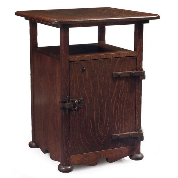 Arts & Crafts cellarette: Arts & Crafts cellarette, square top with rounded edges above a single door with wood hardware, refinished, 22"w x 22"d x 29.5"h, very good condition