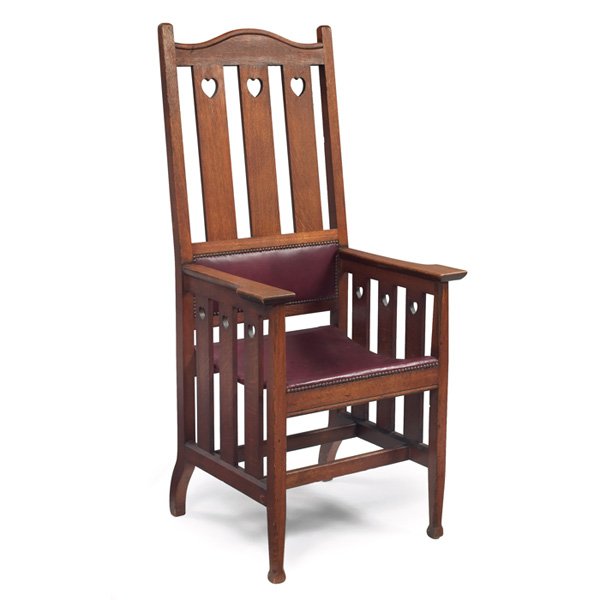 English Arts & Crafts hall chair, influenced by C: English Arts & Crafts hall chair, influenced by C F A Vovsey, high back form with heart cut-out details at back and sides over a recovered leather seat, cleaned original finish, 26.5"w x 23.5"d x 57"h