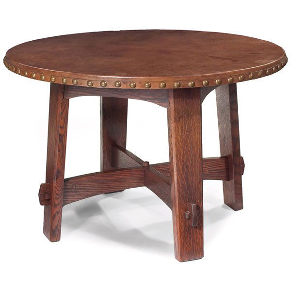 Gustav Stickley library table, #636: Gustav Stickley library table, #636 leather top above splayed legs and an curved apron, arched cross-stretcher base with a central faceted peg supported by key and tenon construction, branded signatur