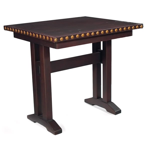 L & JG Stickley cafe table, mahogany: L & JG Stickley cafe table, in mahogany, with a nicely replaced hard leather top on a shoe-foot base, refinished, 33"w x 29"d x 31"h, very good condition