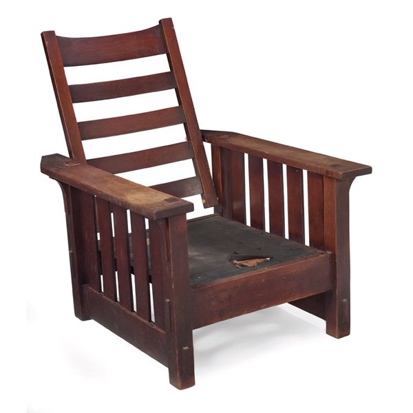 Gustav Stickley Morris chair, #2342, flat-arm form: Early Gustav Stickley Morris chair, #2342, flat-arm form with five vertical slats under each arm, corbel supports and thru-tenon construction, replaced pegs, original finish, some restoration, signed 