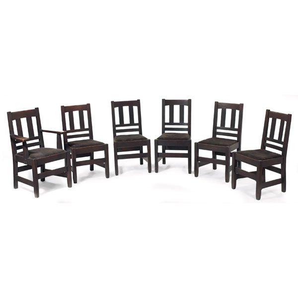 Stickley Brothers dining chairs, set of six, #373,: Stickley Brothers dining chairs, set of six, #373, five side chairs and one armchair with two vertical slats at back over a recovered seat, original finish, signed with Quaint tag, side chair: 19"w x 