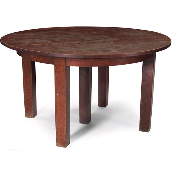 L&JG Stickley dining table, #633, circular: L&JG Stickley dining table, #633, circular top on a five-leg base, with four 11" quarter-sawn leaves in original box, refinished, overall roughness, 54"dia x 29.5"h, very good condition