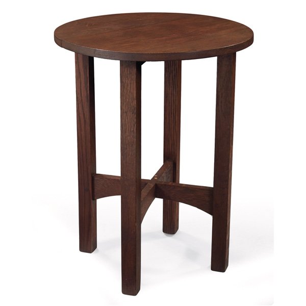 Gustav Stickley drink stand, #604, red decal: Gustav Stickley drink stand, #604, circular top above an arched cross-stretcher base, signed with red decal, refinished, some seam separation, 20"dia x 26"h, very good condition