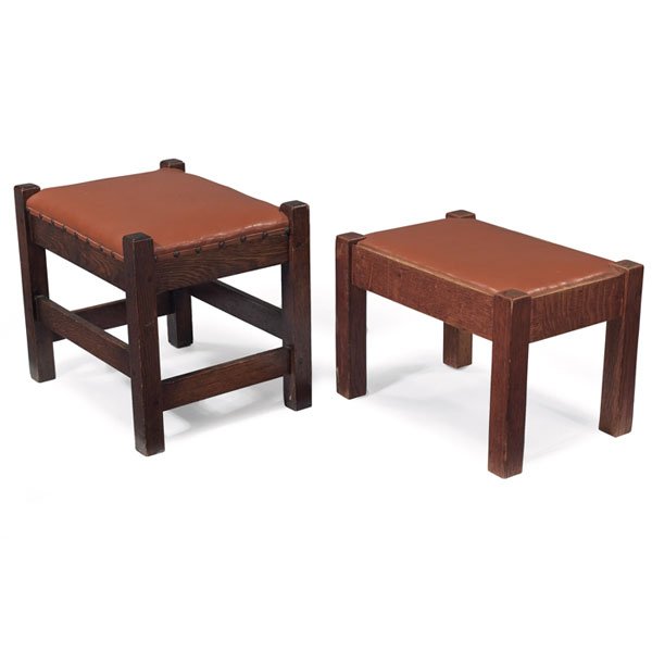 Arts & Crafts footstools: Arts & Crafts footstools, group of two, with recovered leather seats, one recoated, one refinished, largest: 18"w x 13.5"d x 15"h, very good condition