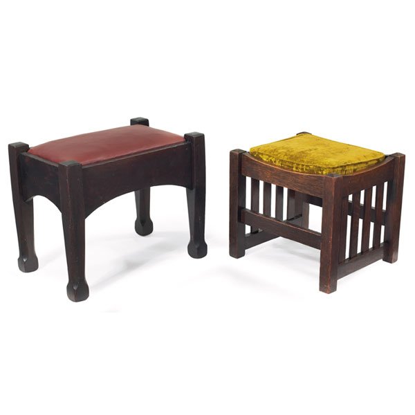 Arts & Crafts footstools, group of two: Arts & Crafts footstools, group of two, with recovered seats, one with original finish, largest: 19.5"w x 13"d x 16"h, very good condition