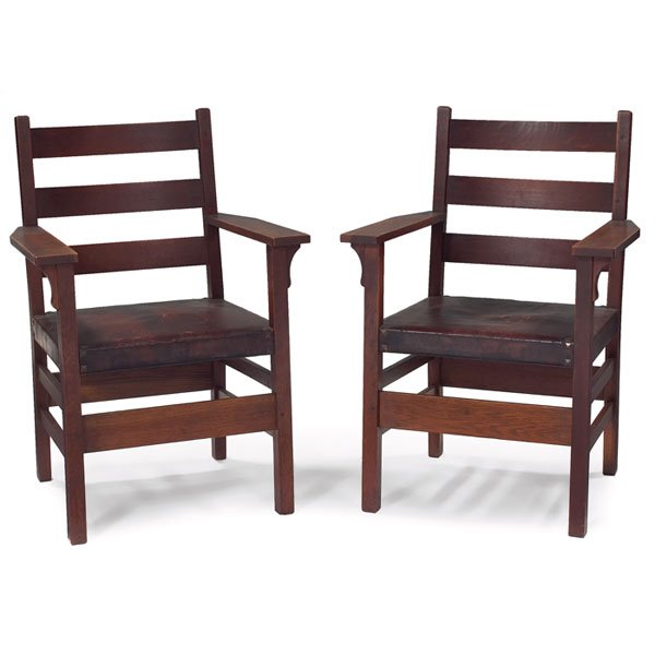 Gustav Stickley armchairs, pair, #310 1/2: Gustav Stickley armchairs, pair, #310 1/2, three horizontal slats at back over an original leather seat with corbel supports at sides, original finish, branded signature, 24.5"w x 23"d x 36"h, very go