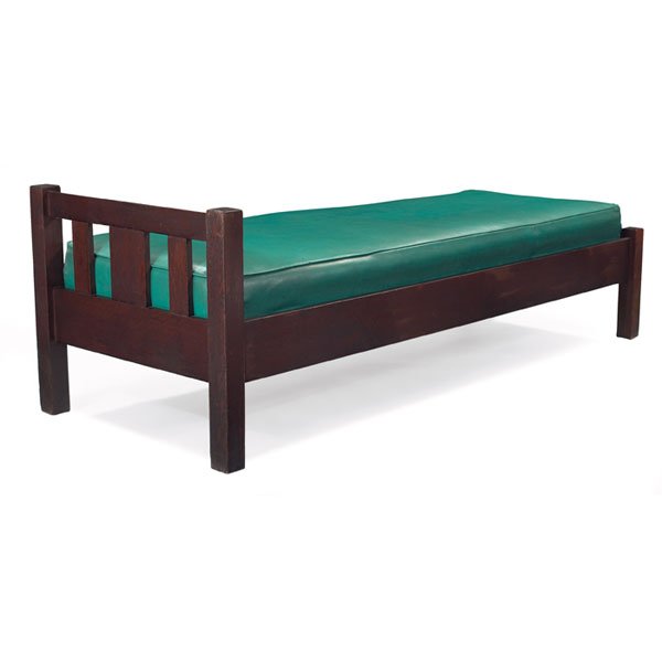 Arts & Crafts daybed: Arts & Crafts daybed, slatted back with a recovered cushion, cleaned original finish, some roughness and veneer repair, 72"l x 28"w x 23"h, very good condition