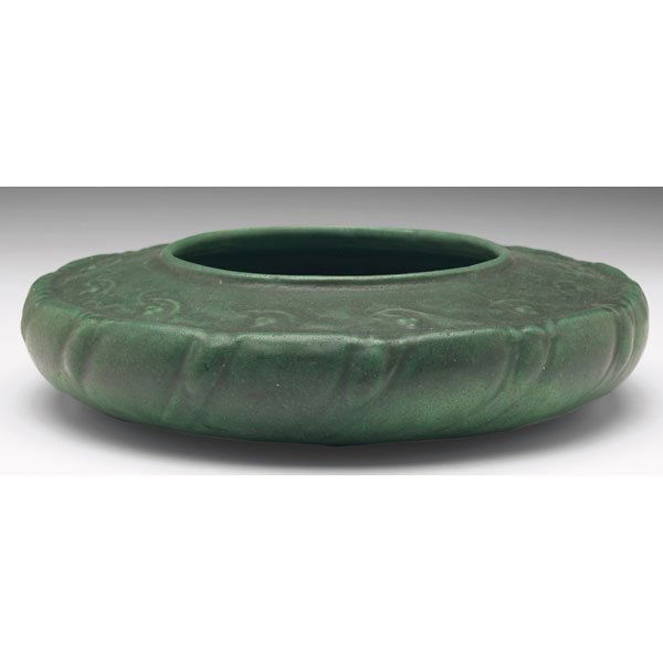 Teco bowl, #136, Fritz Albert: Teco bowl, #136, designed by Fritz Albert, leaf and berry designs, covered in a good green matte glaze with charcoal highlights, impressed marks, 9"w x 2"h