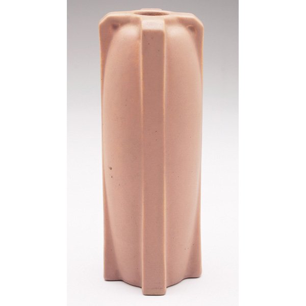 Teco vase, designed by W.D. Gates: Unusual Teco vase, designed by W.D. Gates, four-buttress form under a pink matte glaze, impressed marks, 2.5"w x 7"h