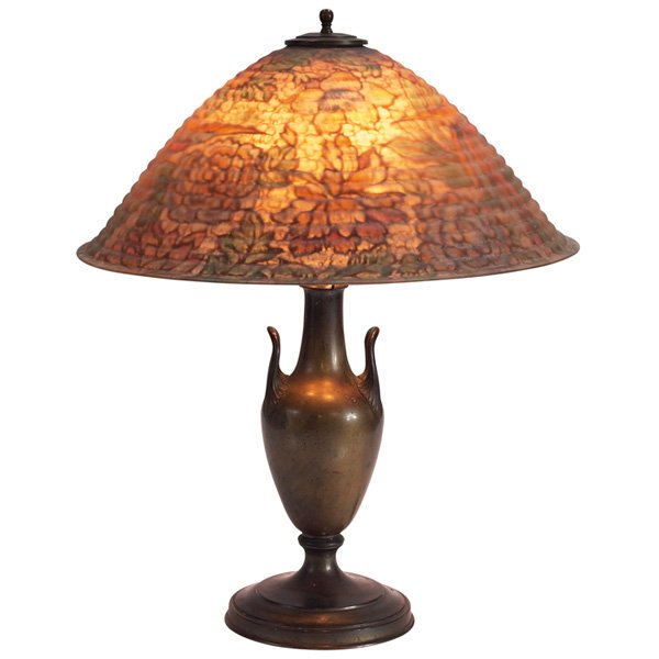 Pairpoint lamp, reverse-painted ribbed floral shad: Pairpoint lamp, reverse-painted ribbed floral shade on a bronze two-handle base, base signed, 21"dia x 25"h, very good condition