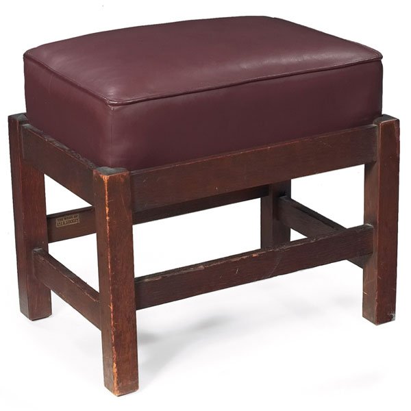 L & JG Stickley footstool, #397: L & JG Stickley footstool, #397, recovered leather cushion above a base with original finish, signed with decal, edge chip, 20"w x 14"d x 17.5"h, very good condition