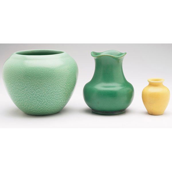 Art Pottery vase, Teco vase, Fritz Albert: Art Pottery vase, small form in yellow, unmarked; with a Teco vase, #233, designed by Fritz Albert, marked, restoration to rim; with a Art Pottery vase, bulbous shape, mottled green matte glaze, unmar