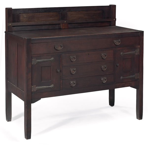 Stickley Brothers sideboard, #8216: Stickley Brothers sideboard, #8216, plate rail at back above a series of drawers and doors with original hardware, refinished, unsigned, 53.5"w x 21"d x 47"h, good condition
