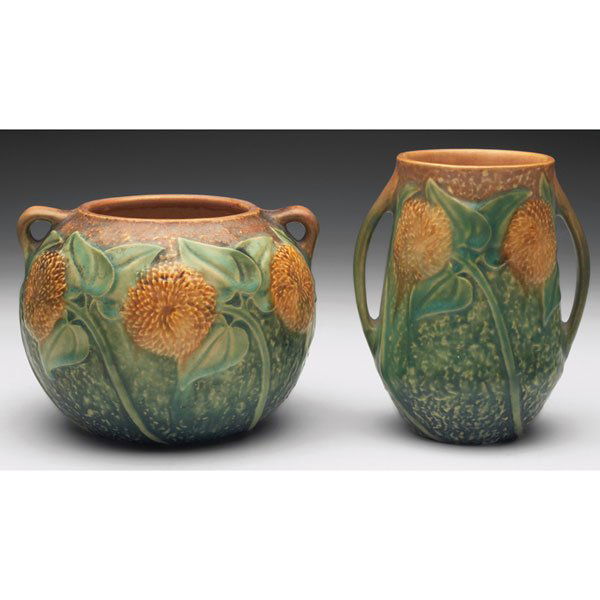 Roseville Sunflower vase, Roseville Sunflower bowl: Roseville Sunflower vase, 4.5"w x 5"h; with a Roseville Sunflower bowl, 6"w x 4.25"