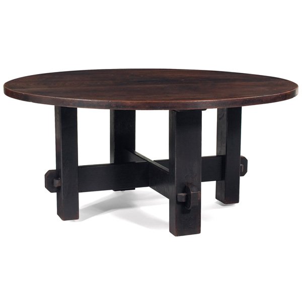 L & JG Stickley dining table, attribution, Onondag: Massive L & JG Stickley dining table, attribution, from the Onondaga Shops, circular top above a heavy cross-stretcher base supported by key and tenon construction, fine original dark finish, 66"dia x