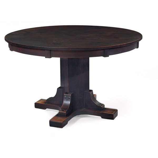 Stickley Brothers dining table, #2415: Stickley Brothers dining table, #2415, circular top above a pedestal base with corbel supports, signed with Quaint tag, cleaned original finish to top, original finish to base, four original 12" leave