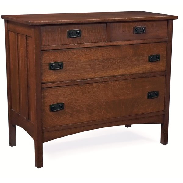 L & JG Stickley dresser, late form: L & JG Stickley dresser, late form, two half drawers above two full drawers with replaced hardware above arched rails, signed with conjoined decal, refinished, replaced hardware, mirror missing, 42"w 