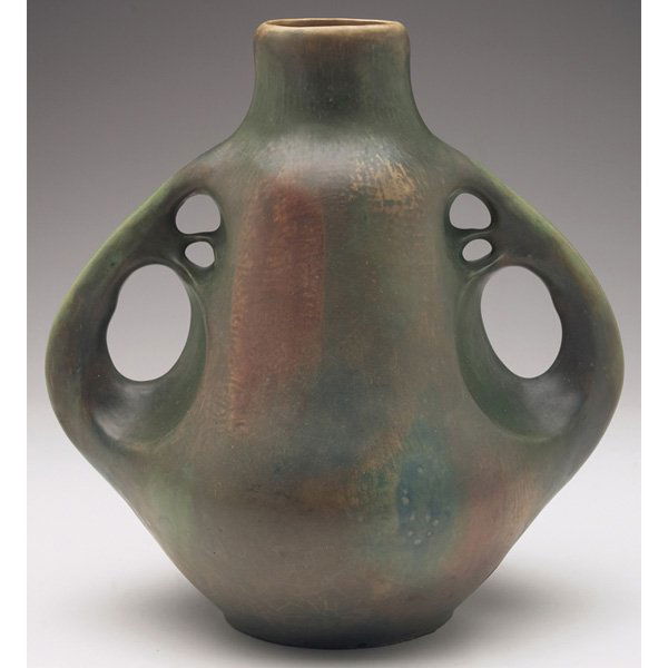 Amphora vase, designed by Paul Dachse: Amphora vase, designed by Paul Dachsel, double handled organic shape covered in a green and brown matte glaze, marked, #3554, 10.5"w x 11.5"h