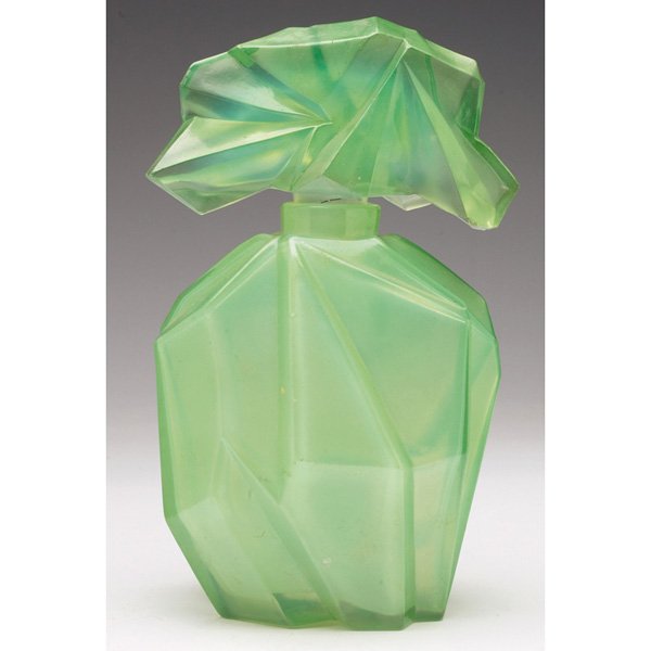 Consolidated Ruba Rombic bottle with stopper: Consolidated Ruba Rombic bottle with stopper, attribution, green and frosted glass, unmarked, 4.5"w x 7.5"h, chips