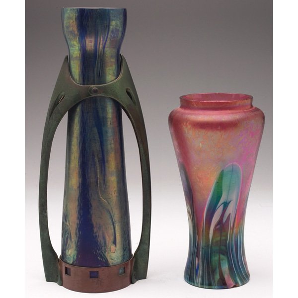Loetz vase, attribution, unmarked: Loetz vase, attribution, cobalt glass with a colorful iridescent design, held in a metal mount, unmarked, 5"w x 12"h; with a Rindskopf Pulled Feather vase, shouldered shape in rose-colored glass with