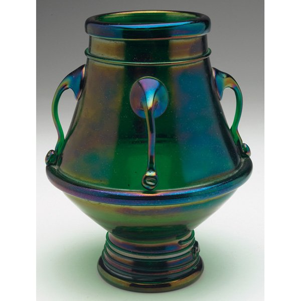 Loetz Creta Glatt vase, four-handled form: Loetz Creta Glatt vase, four-handled form in green glass with colorful iridescence, unmarked, 5.5"w x 7"h