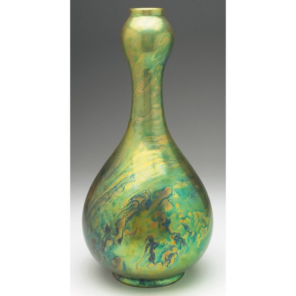 Zsolnay vase, large double gourd shape, Eosin glaz: Zsolnay vase, large double gourd shape, covered in a green, yellow and purple Eosin glaze with beautiful iridescence, marked, #5287, 7.5"w x 15"h